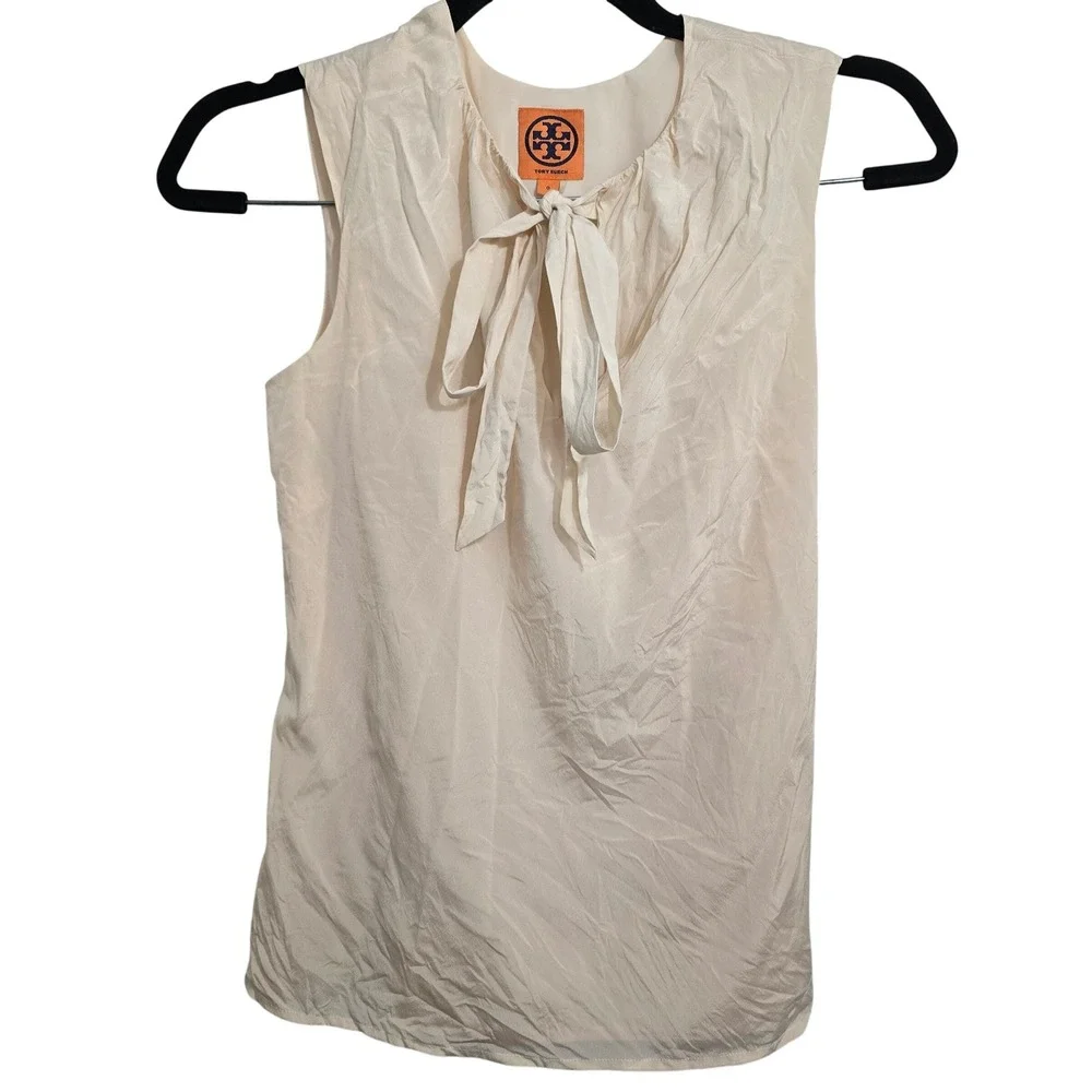 Tory Burch Cream Silk Blend Bow Sleeveless Blouse Top Size 0 51121139 - Picture 1 of 8